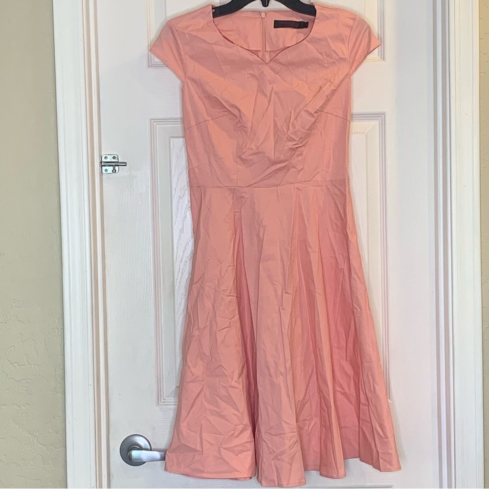 Dress Tells A Line Coral Pintuck V Neck Short Sleeve Cap Stretch Cotton Size XS